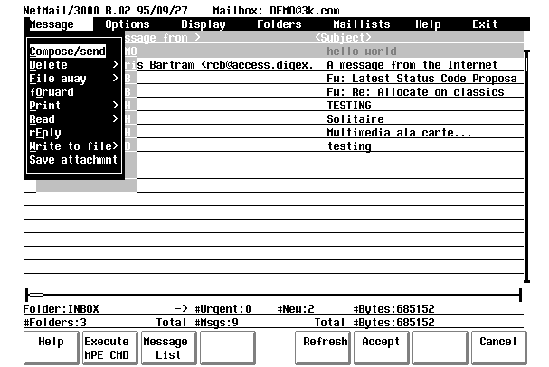 NetMail/3000 screen